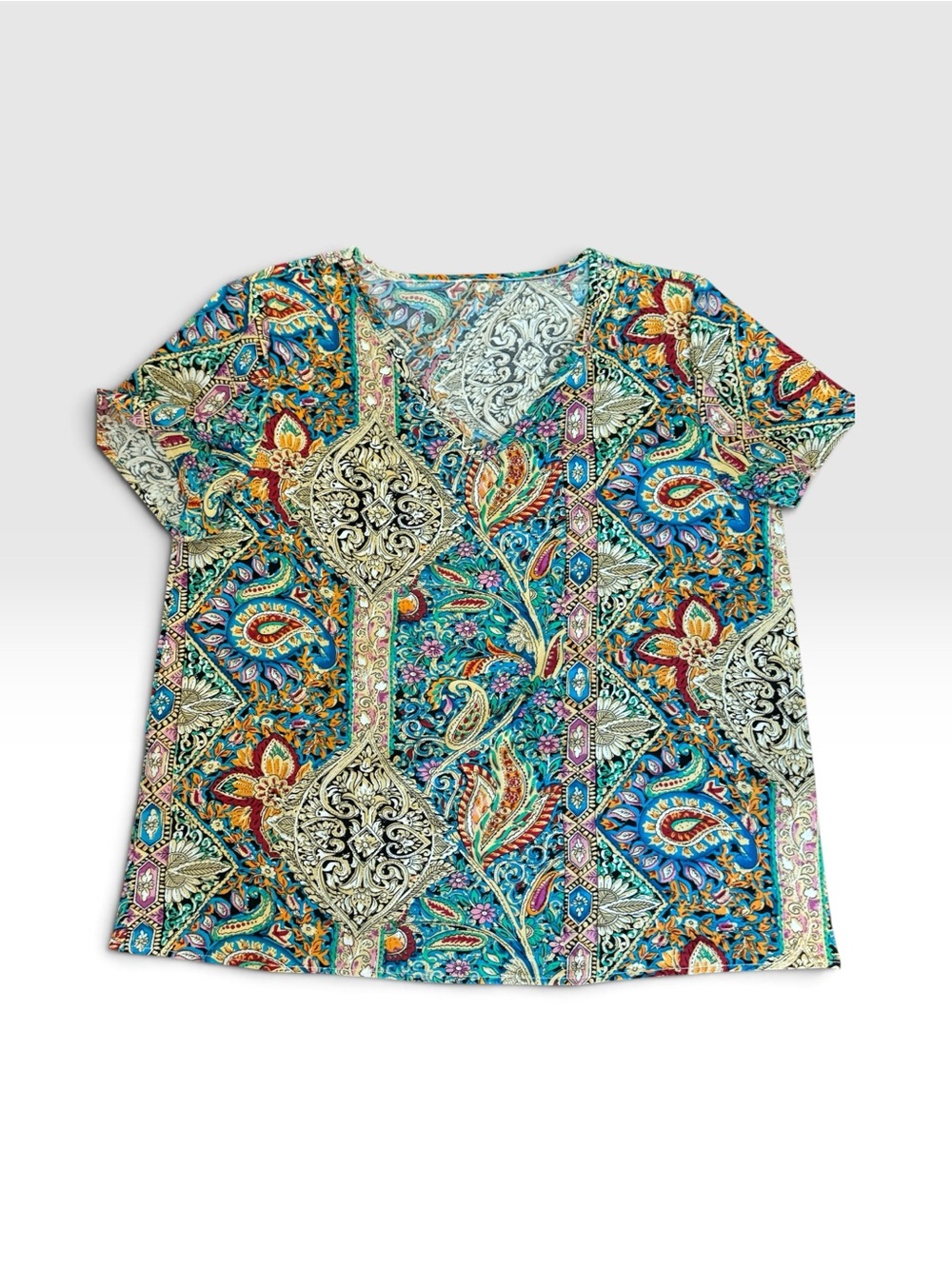 Vibrant Multicolor Paisley Short Sleeve Tee - Teal & Coral